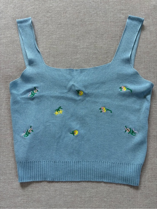 Cider Tops - Cider baby blue embroidered knit coquette crop top in size M